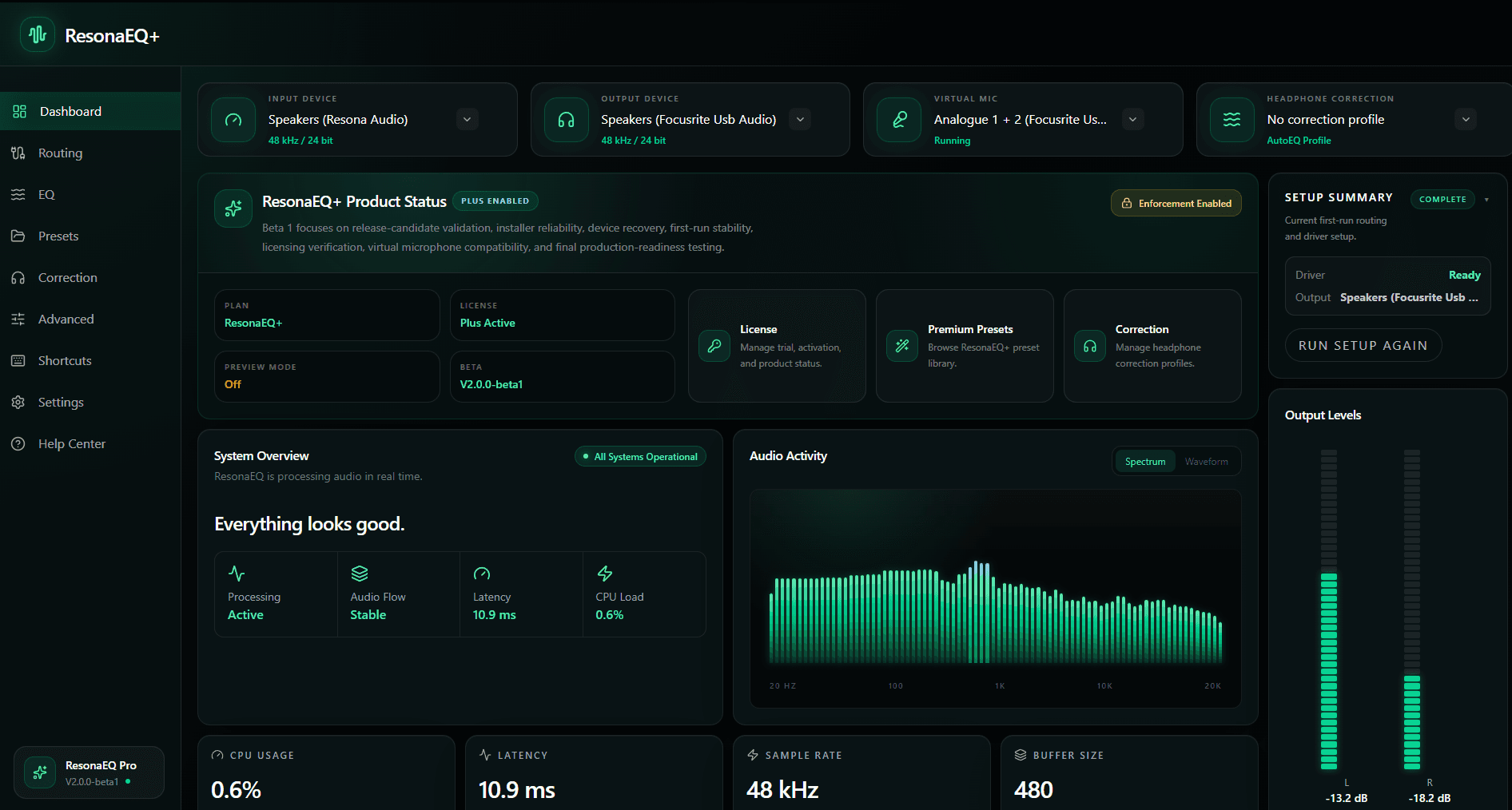 ResonaEQ+ Beta 1 dashboard showing system status, audio activity, device routing, licensing, and output levels